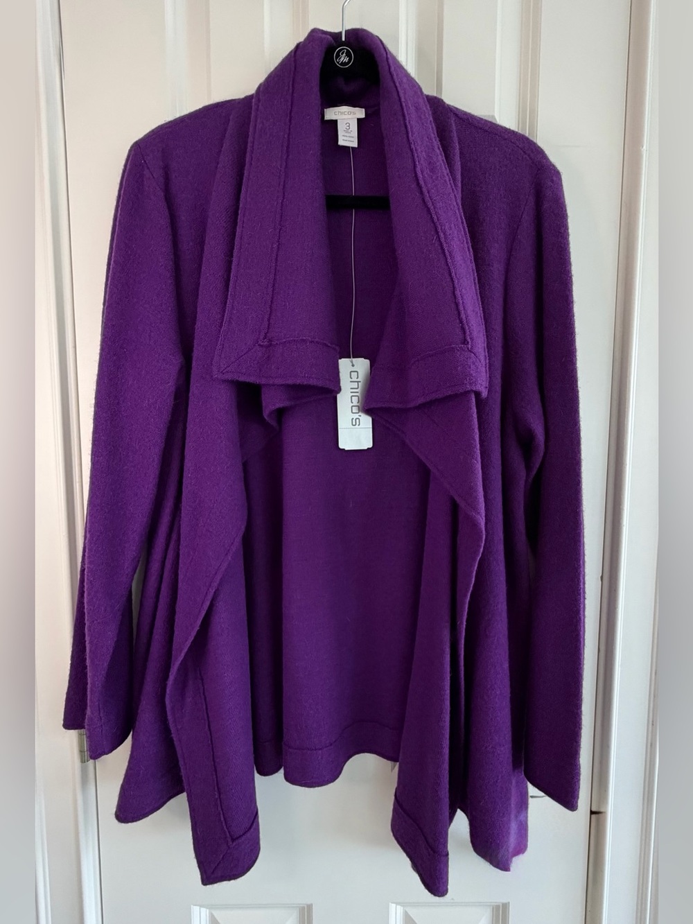 Chico's Deep Purple Drape Front 100% Wool Cardigan, size 3, NWT